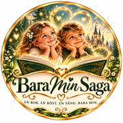 Bara Min Saga – logotyp med flicka och pojke vid en öppen sagobok